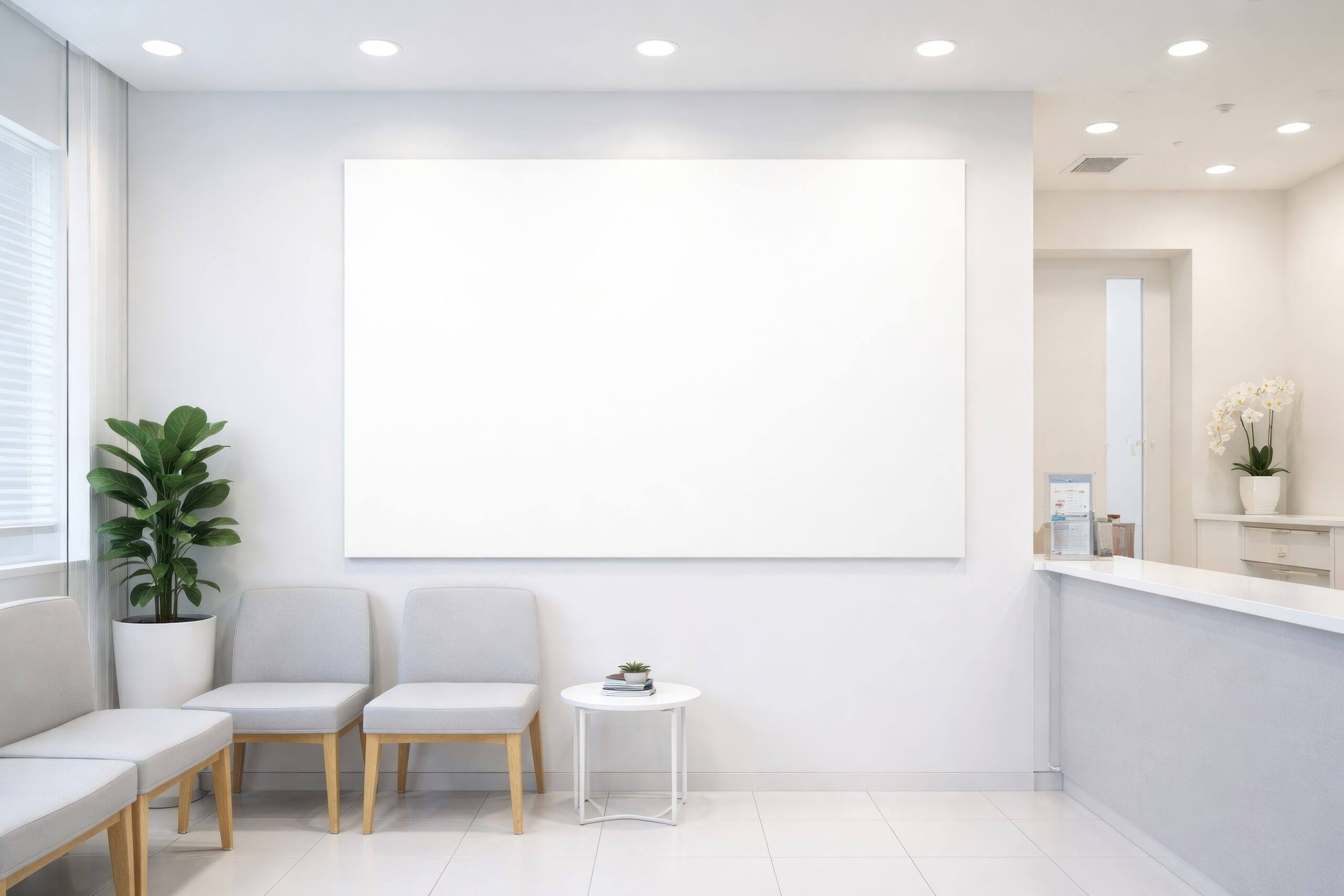 Sala de espera de una clínica con paredes blancas