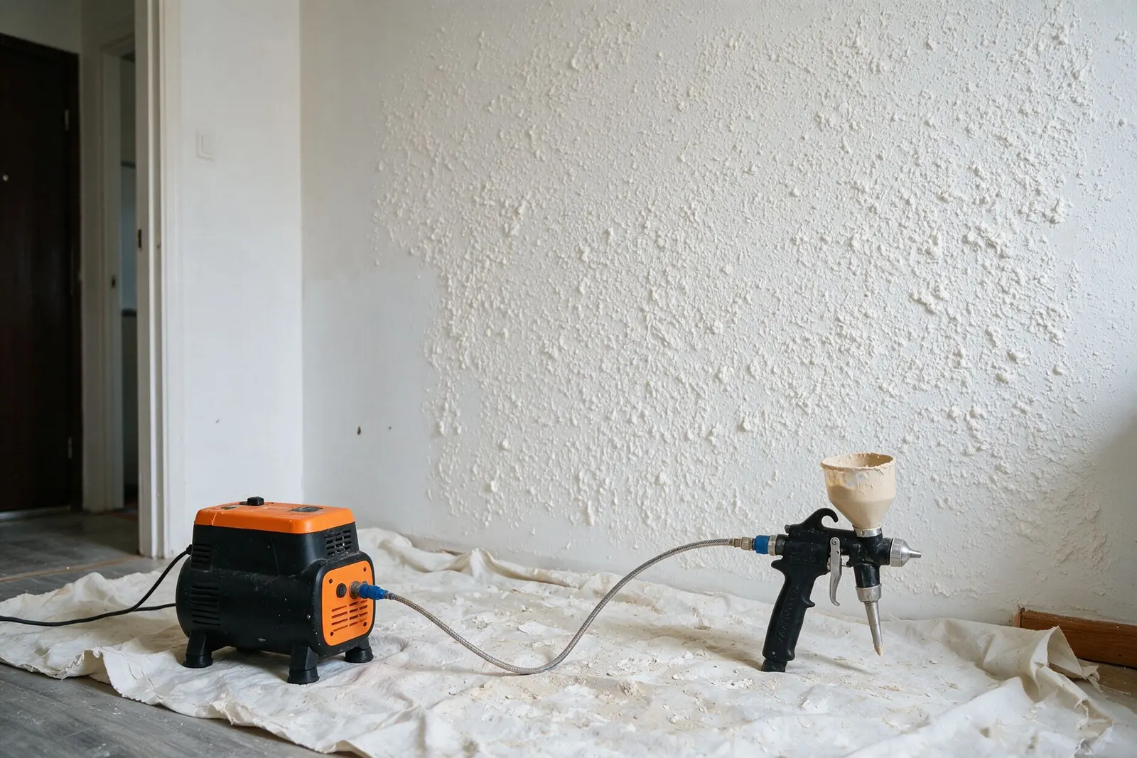 Compresor y pistola de proyección con depósito sobre un plástico protector junto a una pared con gotelé