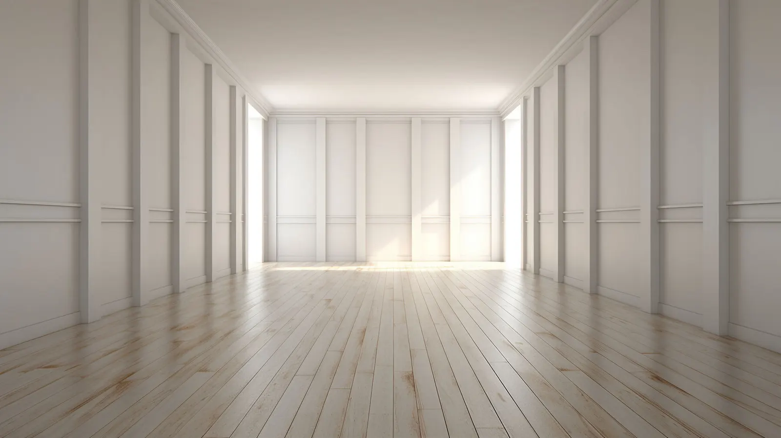 Sala vacía con paredes lisas en blanco, molduras y suelo de madera