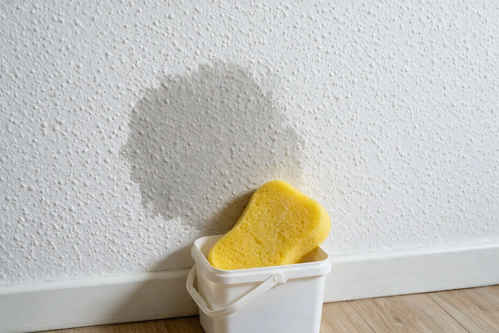 Pared con gotelé blanco con una mancha de humedad y una esponja amarilla en un cubo